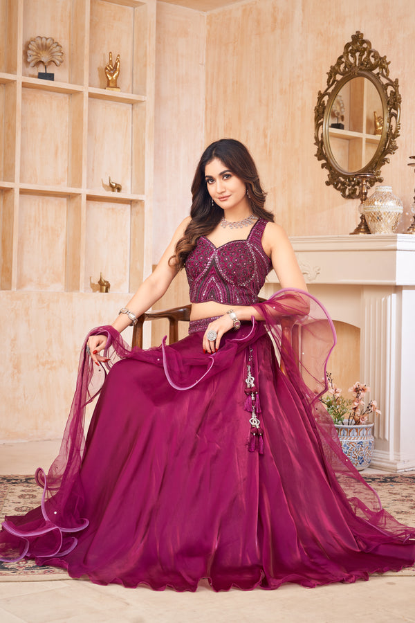 Dark Wine Red Silk Lehenga Set