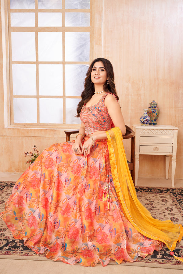 Sunset Yellow Digital Printed Organza Lehenga set with Embroidered Blouse And Dupatta