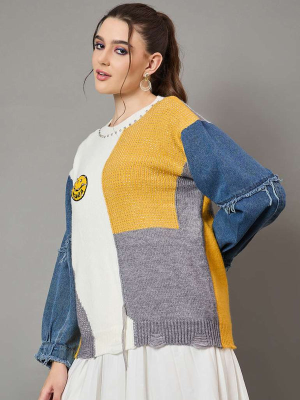 Colorblock Knit & Denim Sweatshirt