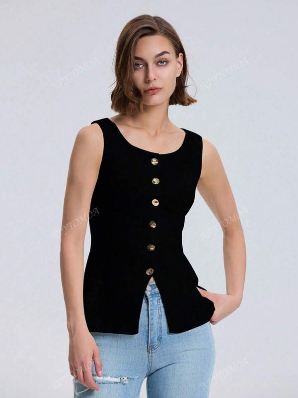 Plain Wide Strap Front Button Knitted Vest