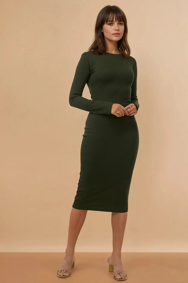 Dark Green Solid Midi Dress