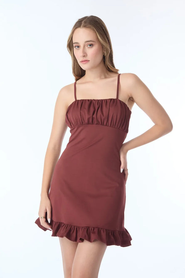 Dark Brown Ruched Trim Dress