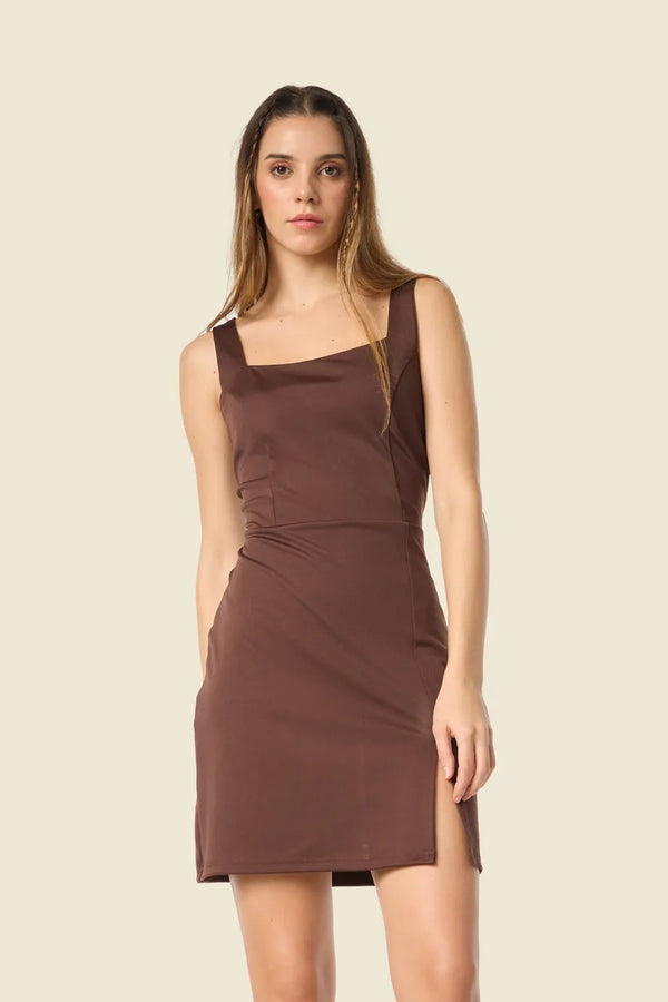 Brown Bodycon Dress With Tiny Slit