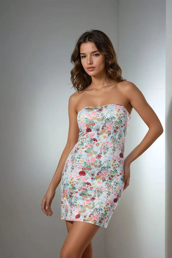 White Floral Tie Back Bandeau Dress