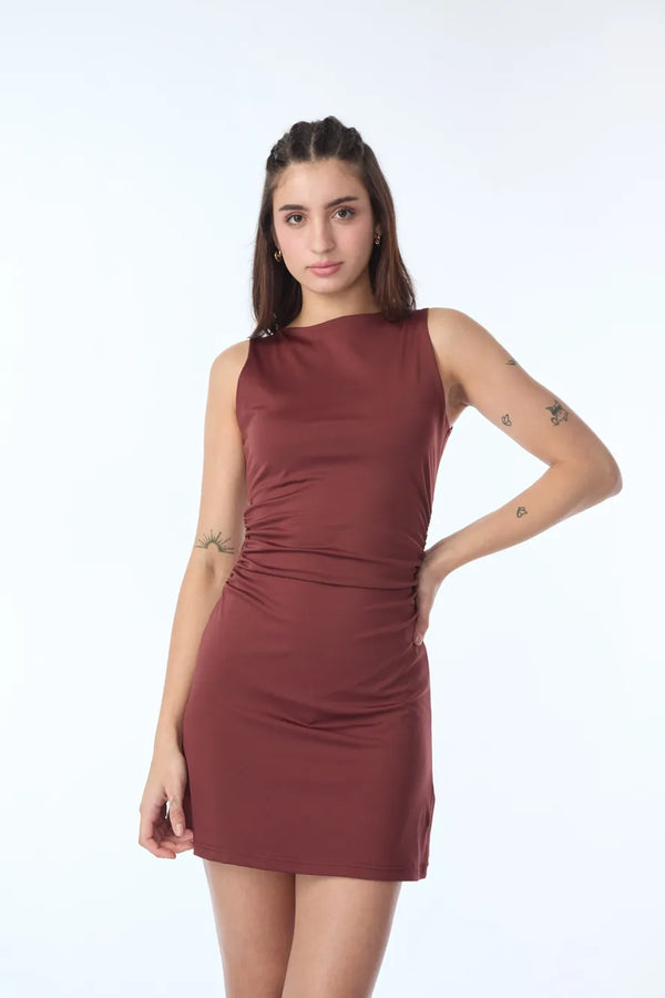 Dark Brown Ruched Waist Aline Sleeveless