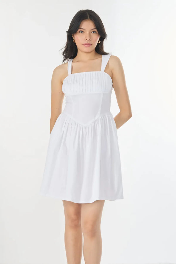 White Solid Gathered Mini Dress