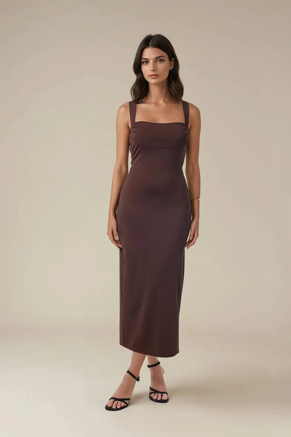 Brown Solid Strappy Maxi Dress