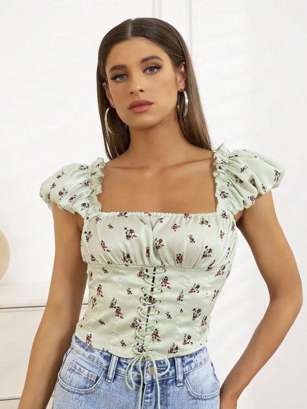 Light Green Floral Sqare Neck Top