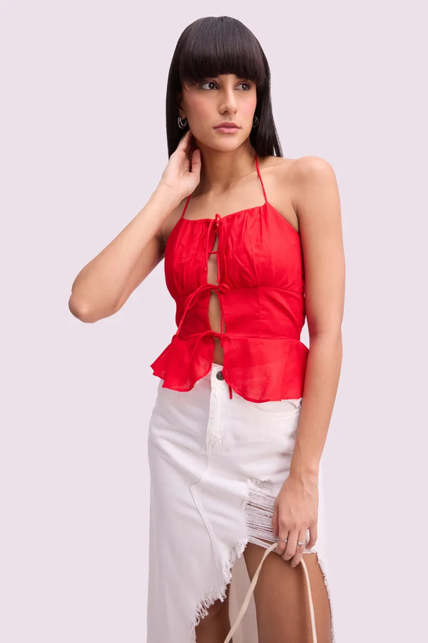 Red Solid Front Knot Top