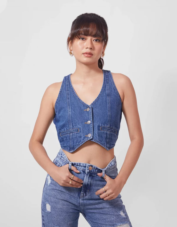 Halter Neck Denim Crop Top