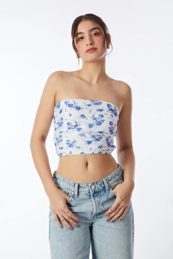 White Floral Multi Fold Bandeau Top