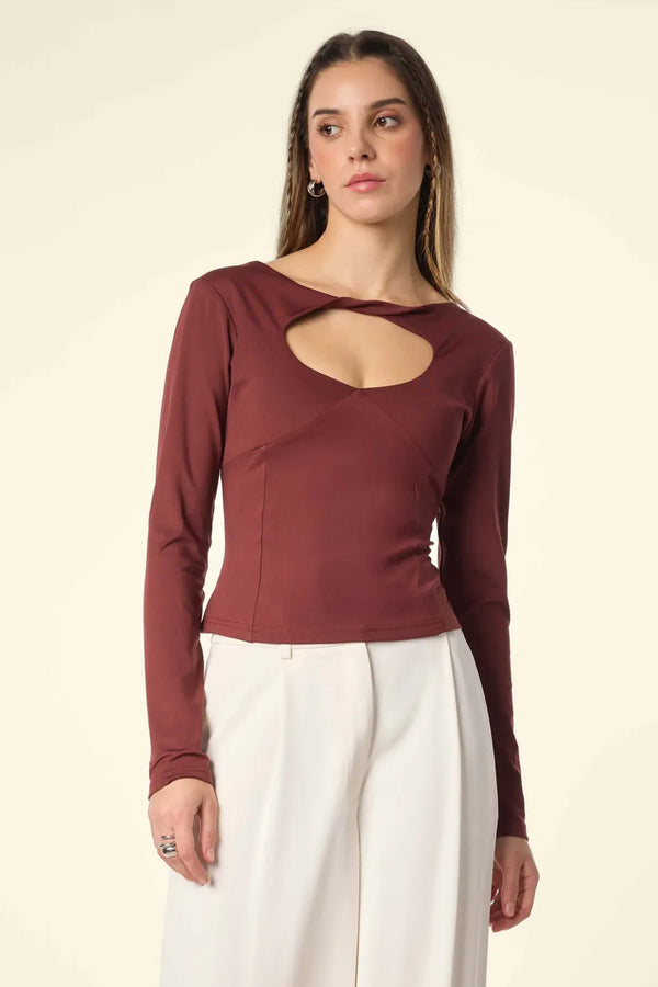 Burgundy Cutout Neckline Full Sleeves