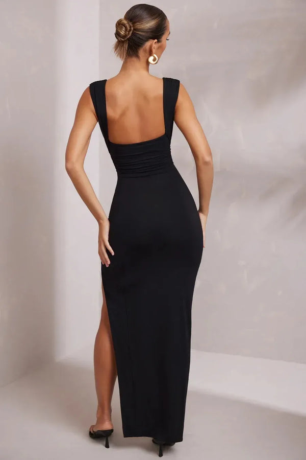 Plunge Neck Thigh Slit Maxi Dress