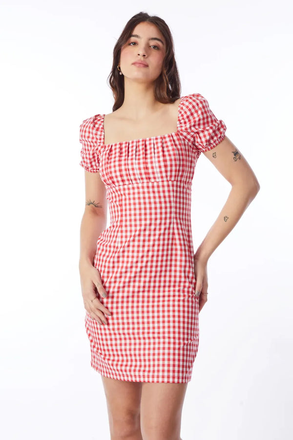 Red Checkered Puff Sleeves Dress