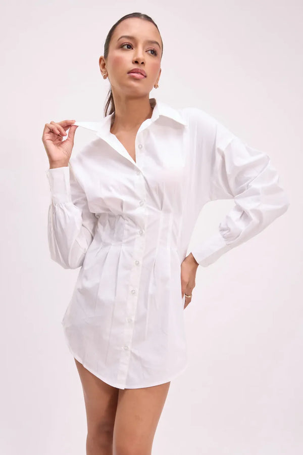 White Pleated Waist Shirt Dress