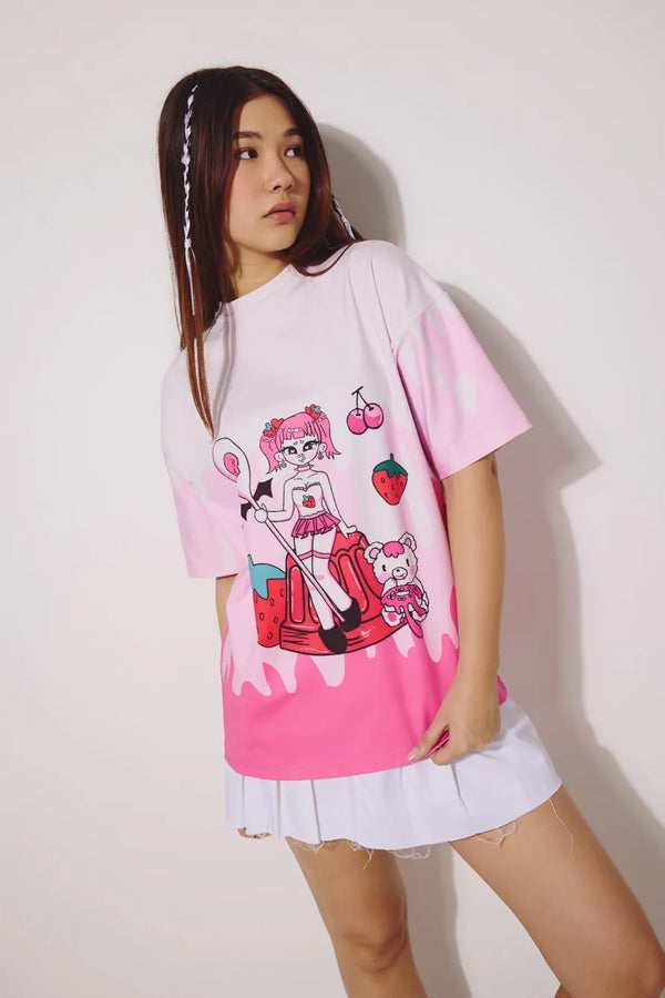 Pink Anime Printed Pullover Tshirt