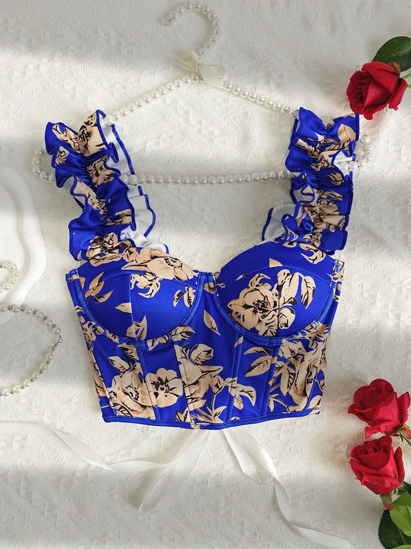 Blue Floral Ruffle Strap Corset