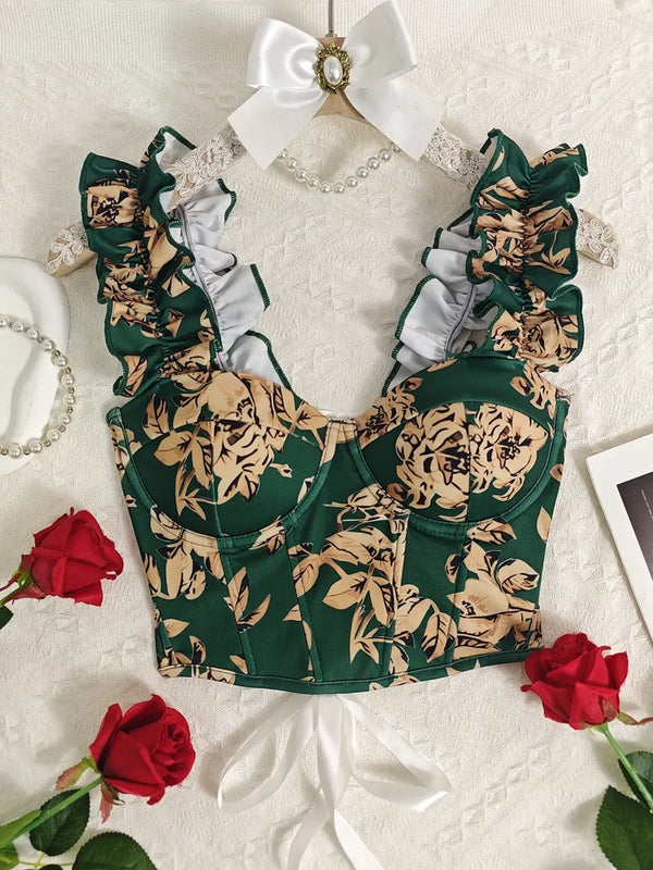 Green Floral Ruffle Strap Corset