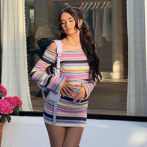 Striped Off Shoulder Mini Dress