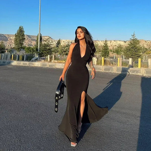 Black Halter Slit Mermaid Dress