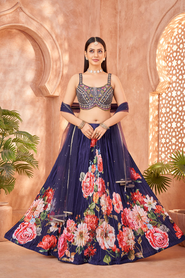 Navy Blue Floral Print Lehenga Set With Multicolour Embroidered Blouse And Dupatta