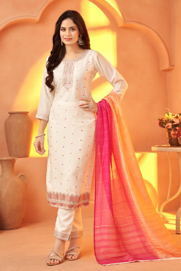 Creamy Vichitra Silk Suit