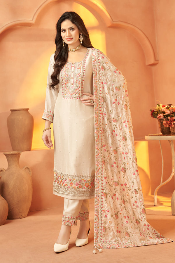 Vichitra Silk Suit - Cream