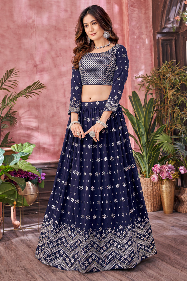 Navy Blue Faux Georgette Lehenga Set